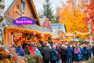Naklejka premium Crowded Outdoor Market with Black Friday Sales