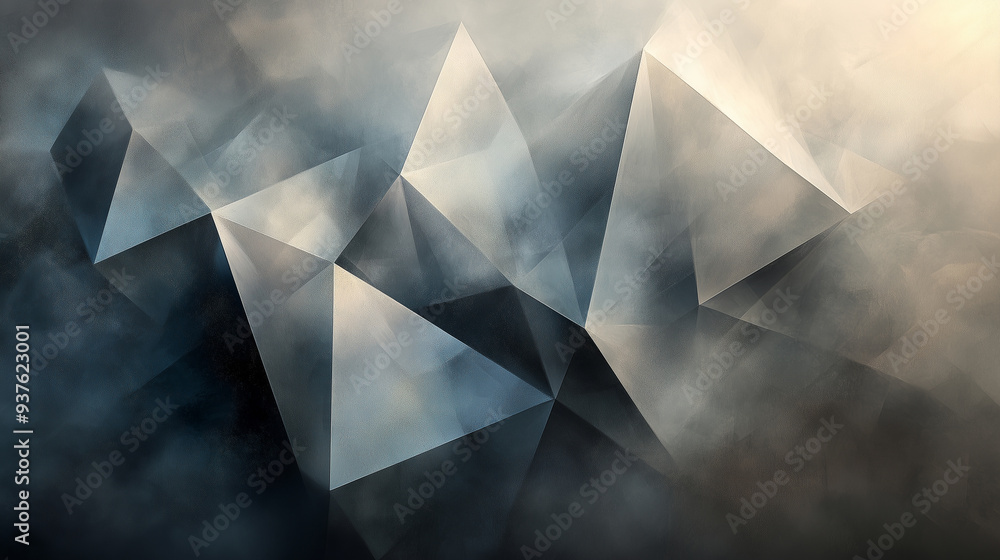 Poster abstract 3d rendering of jumbled low poly stone and concrete textures, polygonal pyramids and fog. e