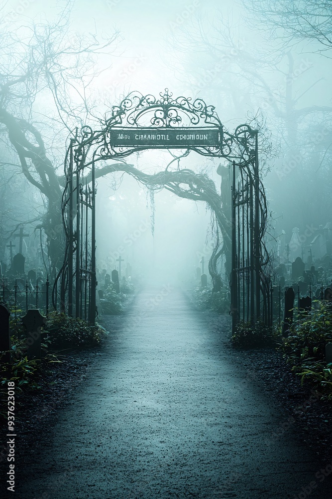 Poster a dark, foggy path leading to a gothic cemetery gate, with twisted trees and ancient gravestones vis