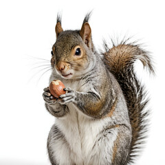 Obraz premium fluffy gray squirrel holding a nut, isolated on white background