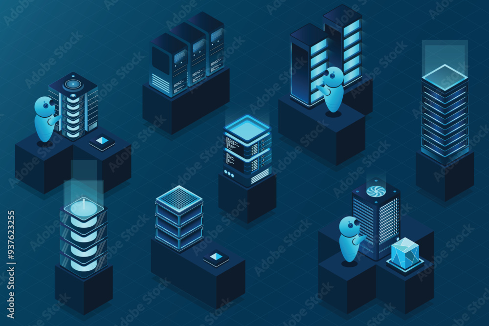 Poster 3d isometric concept big data center with server. cloud computing. network mainframe infrastructure.