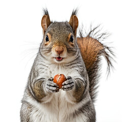 fluffy gray squirrel holding a nut, isolated on white background