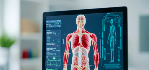 Digital Medical Illustration of Human Muscular and Skeletal Systems on Computer Screen in Modern Laboratory