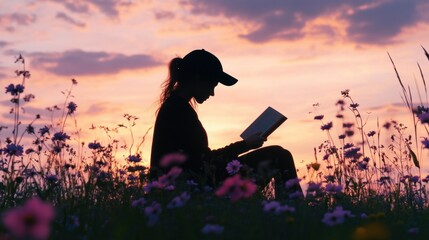 Silhouette of a Woman Reading in a Field of Flowers at Sunset