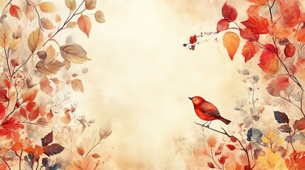 An artistic blank paper with subtle watercolor textures, adorned with cheerful cartoon autumn animals, creating a playful and inviting atmosphere