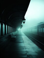 A haunted Wild West train station at night, with eerie lanterns lighting up the platform and ghostly figures waiting for a train that never arrives. The image offers significant copy space for
