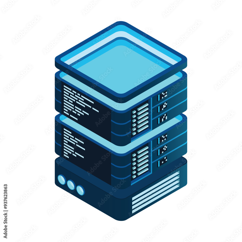 Poster Isometric futuristic server. Isometric database or data center. Abstract blockchain. Computer storage. Cloud storage. Vector illustration