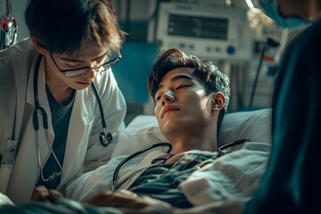 Obraz premium Hospitalized man lying in bed while doctor checking his pulse