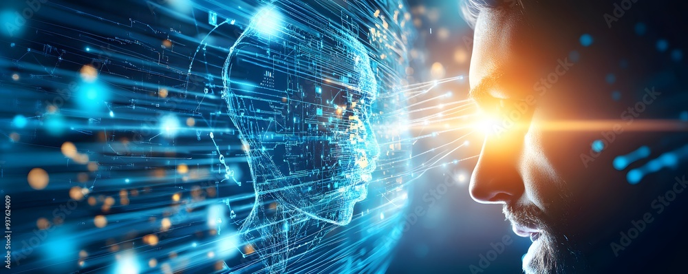 Aufkleber man looking at digital artificial intelligence.