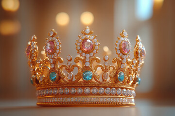 Fototapeta premium A regal crown adorned with jewels, isolated on a soft pastel gold background, symbolizing the power and authority of an empire,
