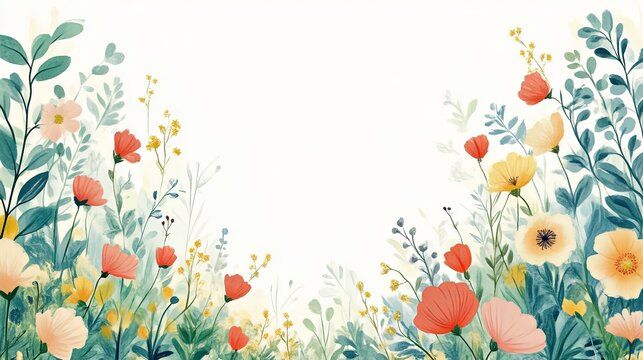 A whimsical illustration of a blank frame bordered by hand-drawn spring flowers and lush greenery, with a light and airy feel that suggests new beginnings