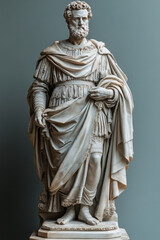 A statue of an emperor, isolated on a pastel gray background, symbolizing the legacy and grandeur of imperial leadership,