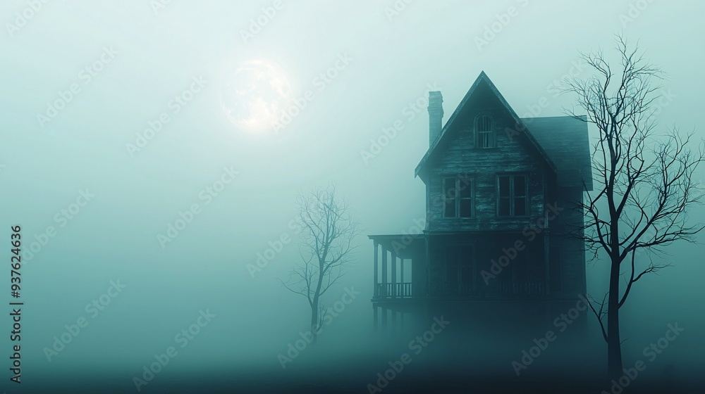 Poster a dark, eerie scene of a gothic mansion shrouded in mist, with twisted trees and a full moon in the 