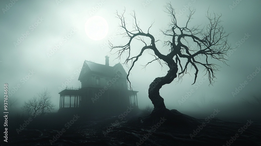 Poster a dark, eerie scene of a gothic mansion shrouded in mist, with twisted trees and a full moon in the 