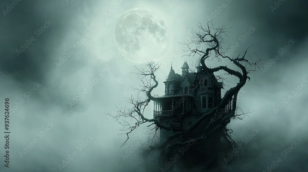 Poster a dark, eerie scene of a gothic mansion shrouded in mist, with twisted trees and a full moon in the 
