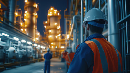 Obraz premium Rear view of engineer in white hard hat standing in front of oil refinery. Petrochemical gas industry with oil tanks and pipelines. Concept. Workers working in refinery construction building