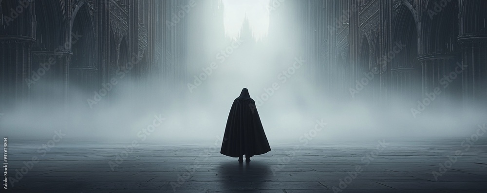 Aufkleber A mysterious figure in a dark cloak stands at the entrance of a Gothic cathedral, with towering spires and intricate stonework in the background. The composition allows for ample copy space.