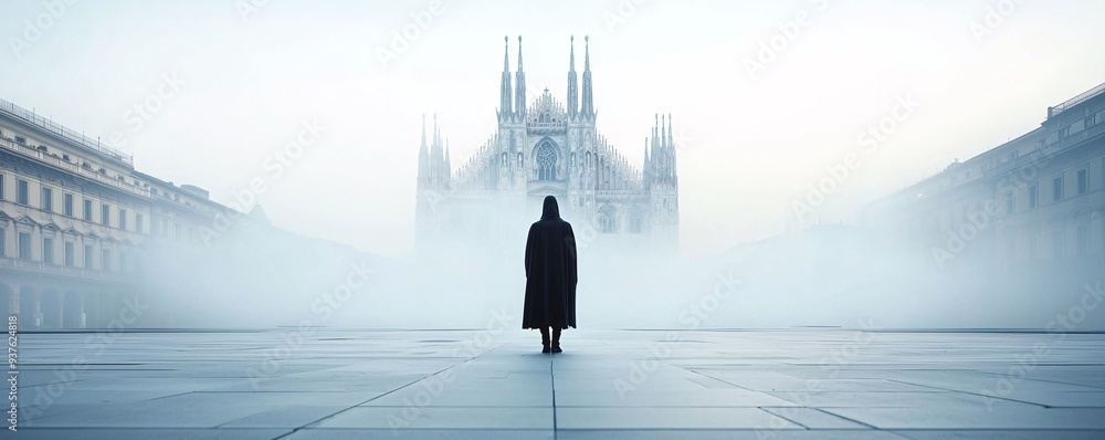 Poster a mysterious figure in a dark cloak stands at the entrance of a gothic cathedral, with towering spir