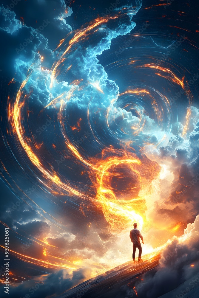 Poster man standing before a fiery vortex in the sky.