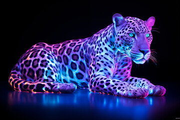 Fototapeta premium Leopard relaxing with glowing neon fur in dark background