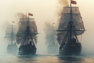 A fleet of ships under an imperial flag, isolated on a pastel beige background, symbolizing the naval dominance of an empire,