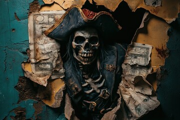 Skeleton pirate bursting through torn wall