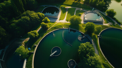 From high angle over sky. Wastewater treatment plant or wastewater treatment. Purification. Chemicals and microorganisms are removed from water and water is returned to nature.