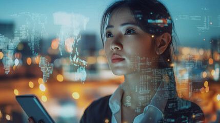 A female employee working on a tablet computer with an industrial port and blue sky background Concept of shipping logistics construction engineer
