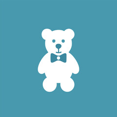 Cute bear with bowtie icon. Simple white teddy bear wearing a bowtie on a blue background. Perfect for a children's book or toy illustration.