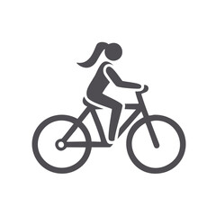 Woman riding bicycle icon. Simple icon depicting a female figure riding a bicycle. Great for use in web design, mobile apps, and presentations.