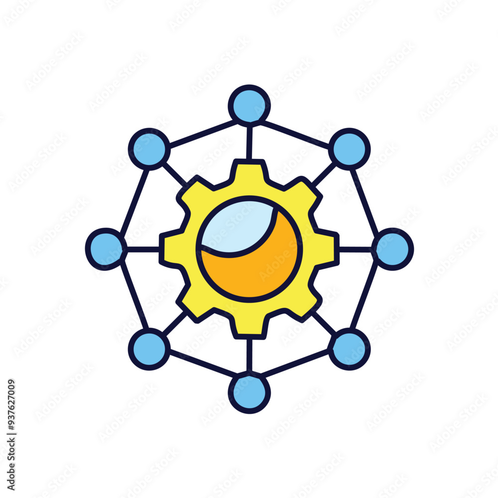 Aufkleber network cogwheel design. abstract design representing a gear surrounded by a network of connected do
