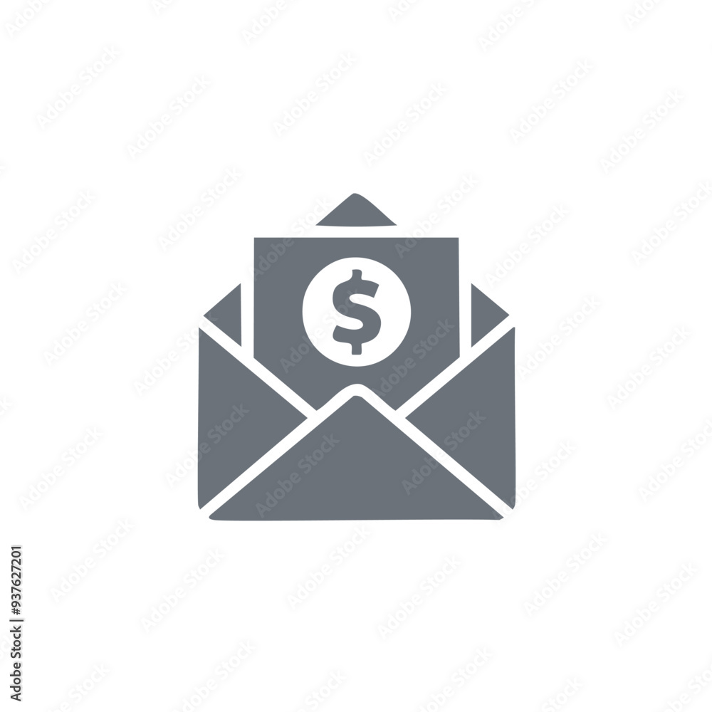 Poster envelope with dollar symbol icon. simple grey icon of an envelope with a dollar sign inside on a whi