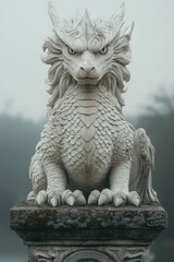 Obraz premium A dragonâ€™s statue guarding a castle, isolated on a pastel gray background, symbolizing the mythical elements and protection in a kingdom,