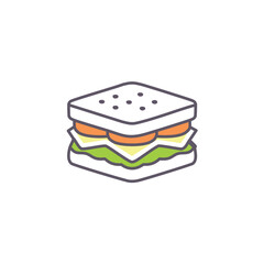 Simple sandwich icon illustration. A simple icon illustration of a sandwich, featuring a white bread, tomato, cheese, and lettuce. Perfect for food menus, app design, and more.