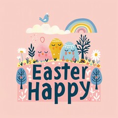 Fototapeta premium 4. Colorful Easter greeting, bold geometric shapes, stylized flowers, trees, Easter eggs, rainbow, bell, cute bird to the left of the eggs, 