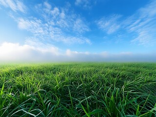 Fototapeta premium Peaceful Green Meadow Under Vast Blue Sky with Fluffy Clouds