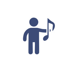 Person holding music note icon. Simple icon depicting a person holding a music note, representing musical talent, performance, or enjoyment.