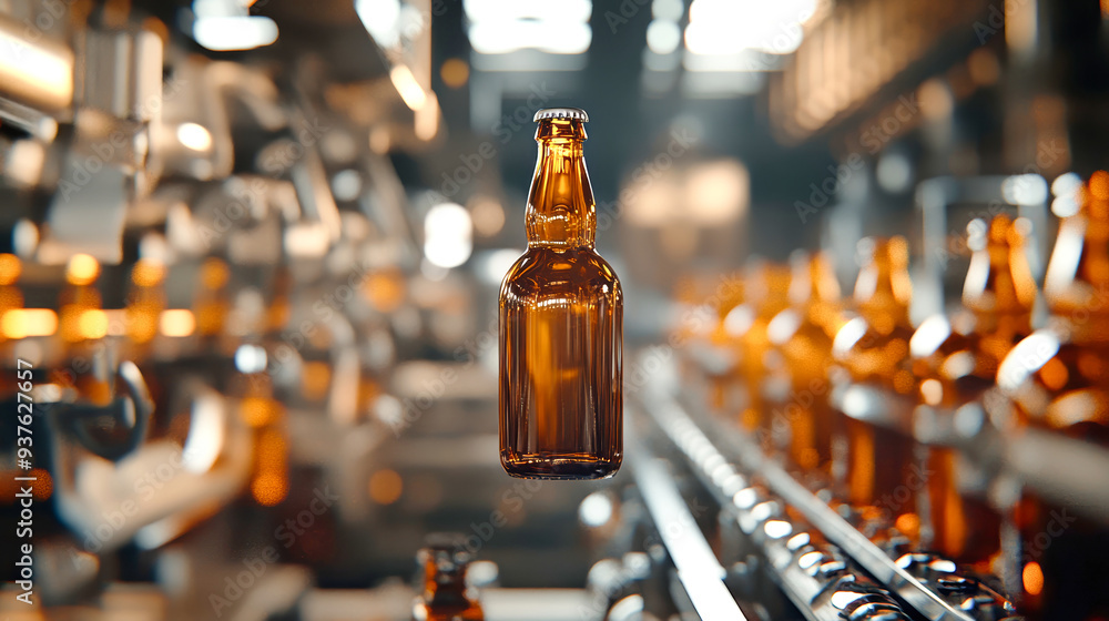 Poster amber bottles float effortlessly on robotic arms as they move along the brewery's high-tech producti