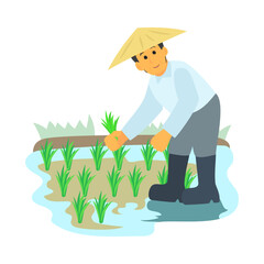 手作業で田植えしている人。フラットなベクターイラスト。
Person planting rice by hand. Flat vector illustration.