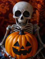 Skeleton with Halloween Pumpkin in Close-Up