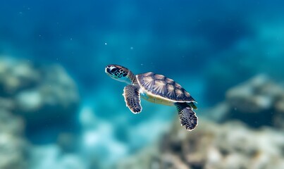 Obraz premium Baby sea turtle swimming in blue ocean, Generative AI
