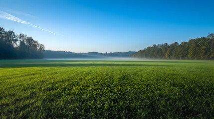 Obraz premium Early Morning Serene Landscape with Green Grass Field and Clear Blue Sky
