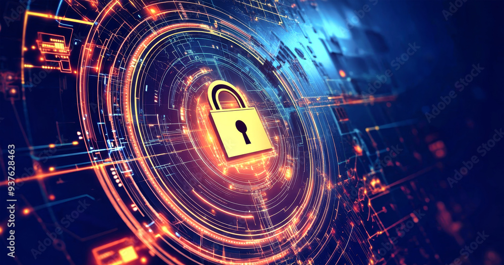 Poster a vibrant representation of digital security featuring a glowing padlock surrounded by a high-tech n