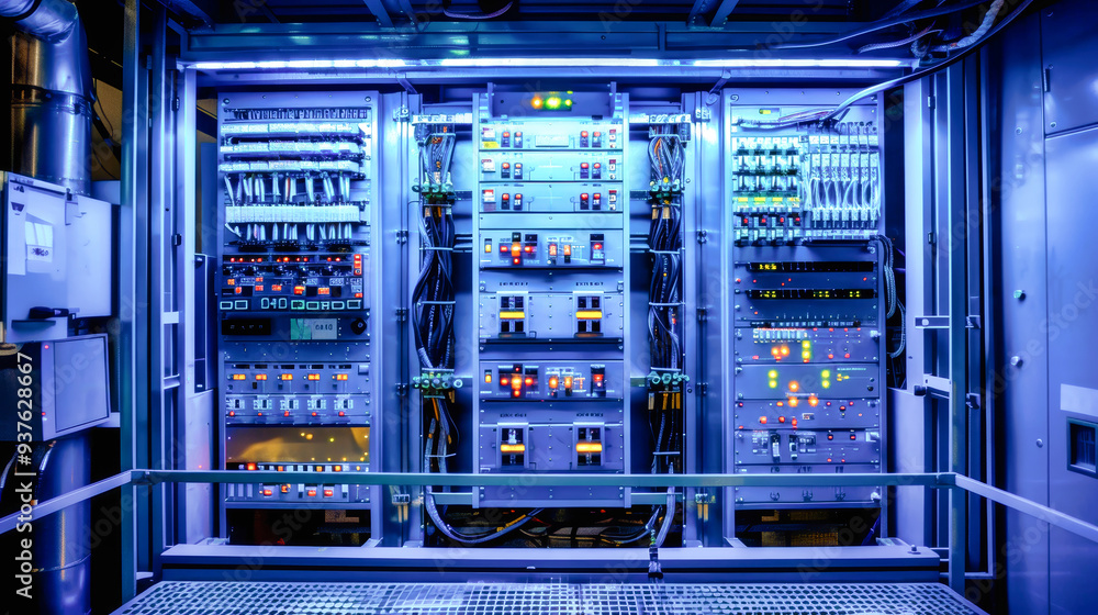 Poster a complex control cabinet illuminated in blue houses numerous wires and electronic components, desig