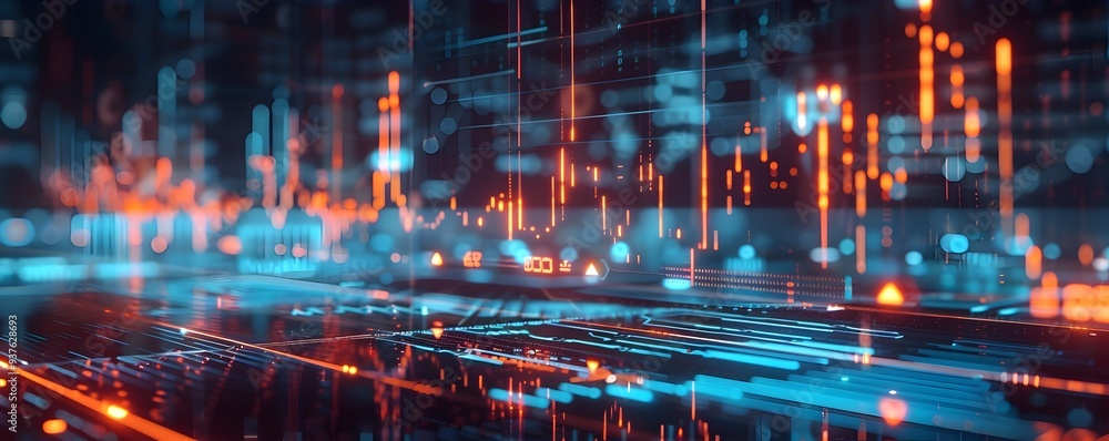 Poster futuristic digital interface showcasing complex economic policy data analysis