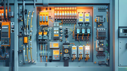 An elaborate electrical cabinet features vibrant circuit boards, motors, and wires, displaying the complexity of industrial machinery