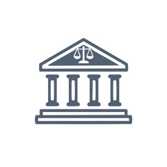 Justice building icon. Simple, modern design of a building with pillars and a scale of justice. Perfect for legal, law, and justice-related projects.