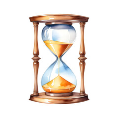 Watercolor illustration of an hourglass isolated on a transparent or white background.
