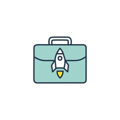 Business launch icon with rocket. Illustration of a briefcase with a rocket launching from it, symbolizing business growth, new beginnings, and progress.