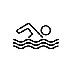 Swimming person icon. Simple line art icon depicting a person swimming in water, perfect for use in fitness, health, and aquatic-related designs.